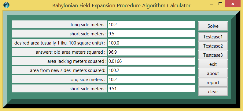 Babylonian Field Expansion Procedure Algorithm and eTCL demo example calculator screenshot