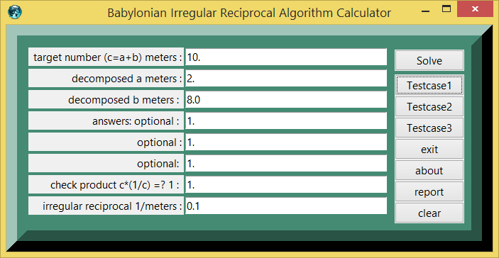 Babylonian Irregular Reciprocal Algorithm and eTCL demo example calculator screenshot