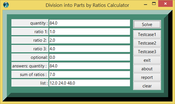Division into Parts by Multiple Ratios and eTCL demo example calculator screenshoot